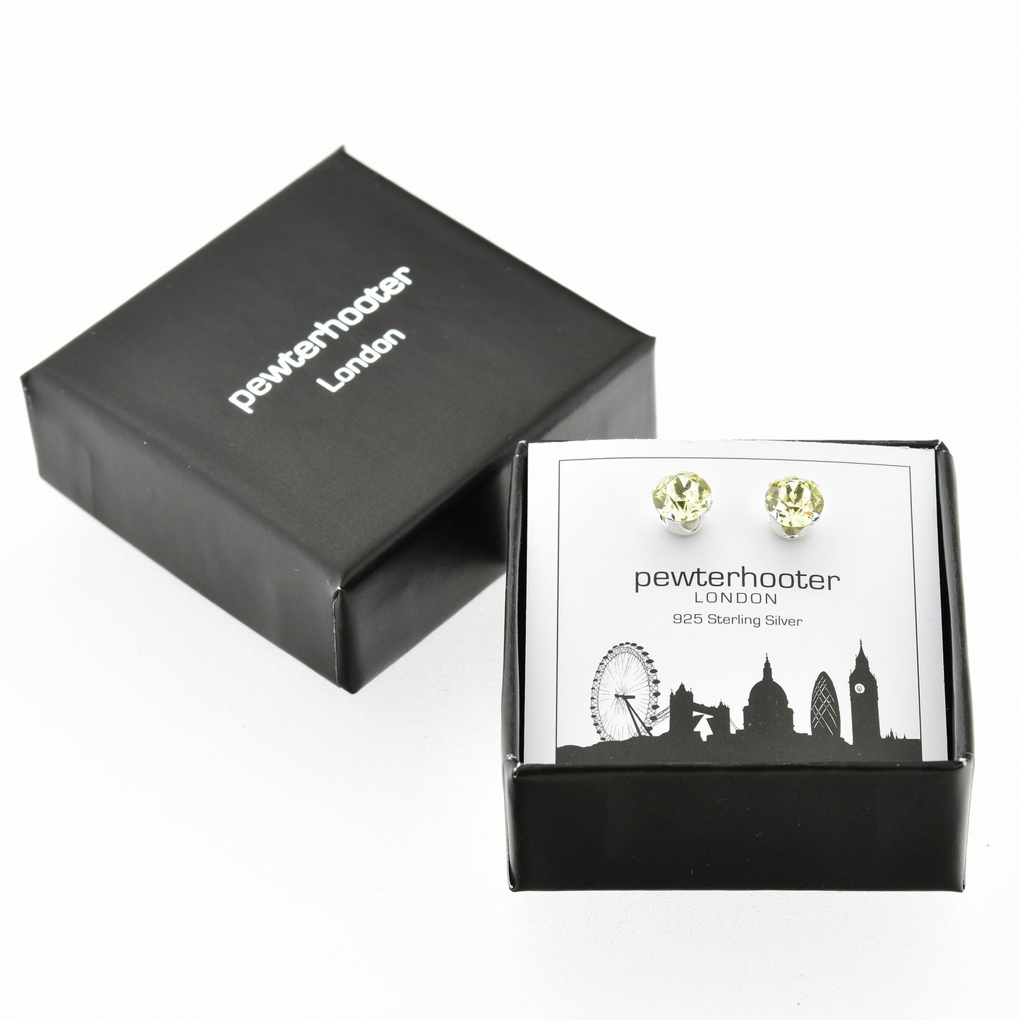 pewterhooter® Women's Classic Collection 925 Sterling silver earrings with sparkling Jonquil crystals, packaged in a gift box for any occasion.