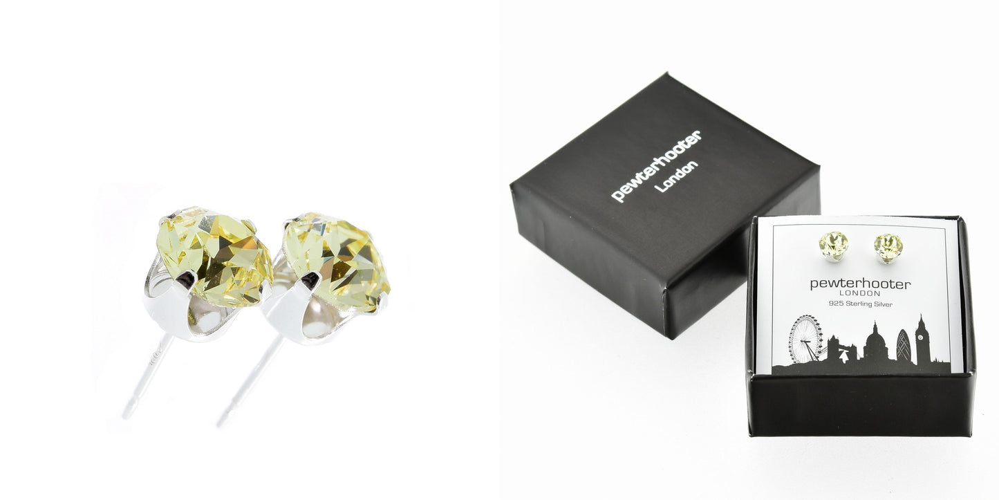 pewterhooter® Women's Classic Collection 925 Sterling silver earrings with sparkling Jonquil crystals, packaged in a gift box for any occasion.