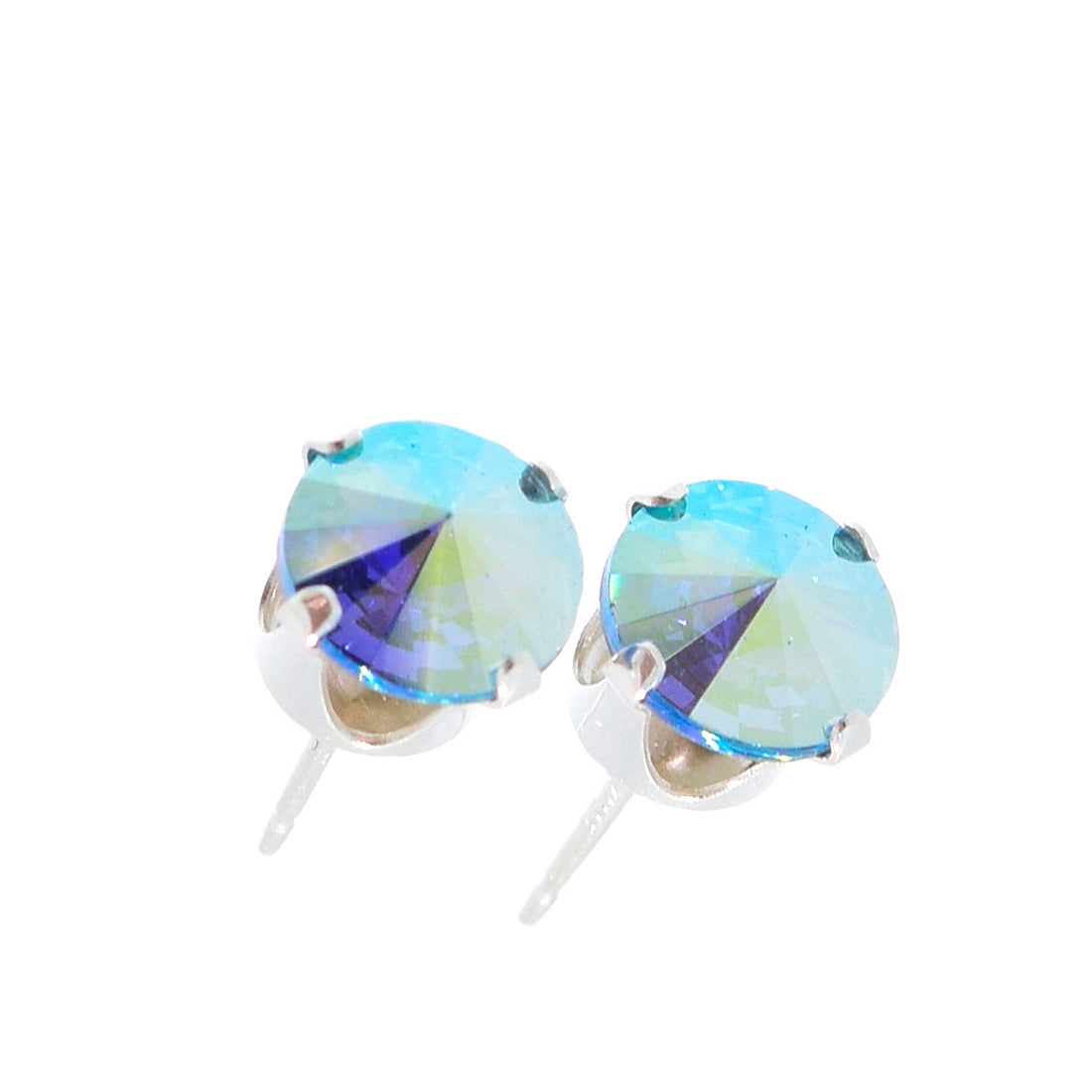 pewterhooter® Women's Classic Collection 925 Sterling silver earrings with brilliant Aquamarine Aurore Boreale crystals, packaged in a gift box for any occasion.