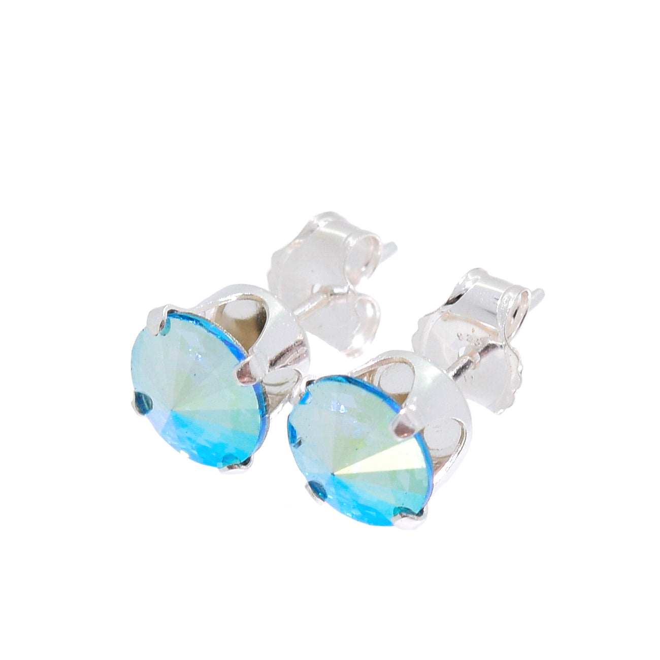 pewterhooter® Women's Classic Collection 925 Sterling silver earrings with brilliant Aquamarine Aurore Boreale crystals, packaged in a gift box for any occasion.