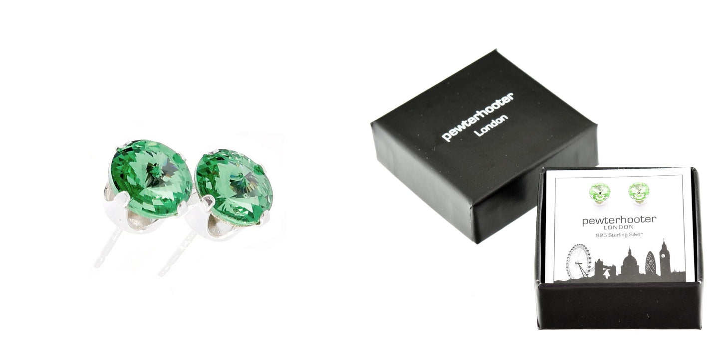 pewterhooter® Women's Classic Collection 925 Sterling silver earrings with brilliant Peridot Green crystals, packaged in a gift box for any occasion.