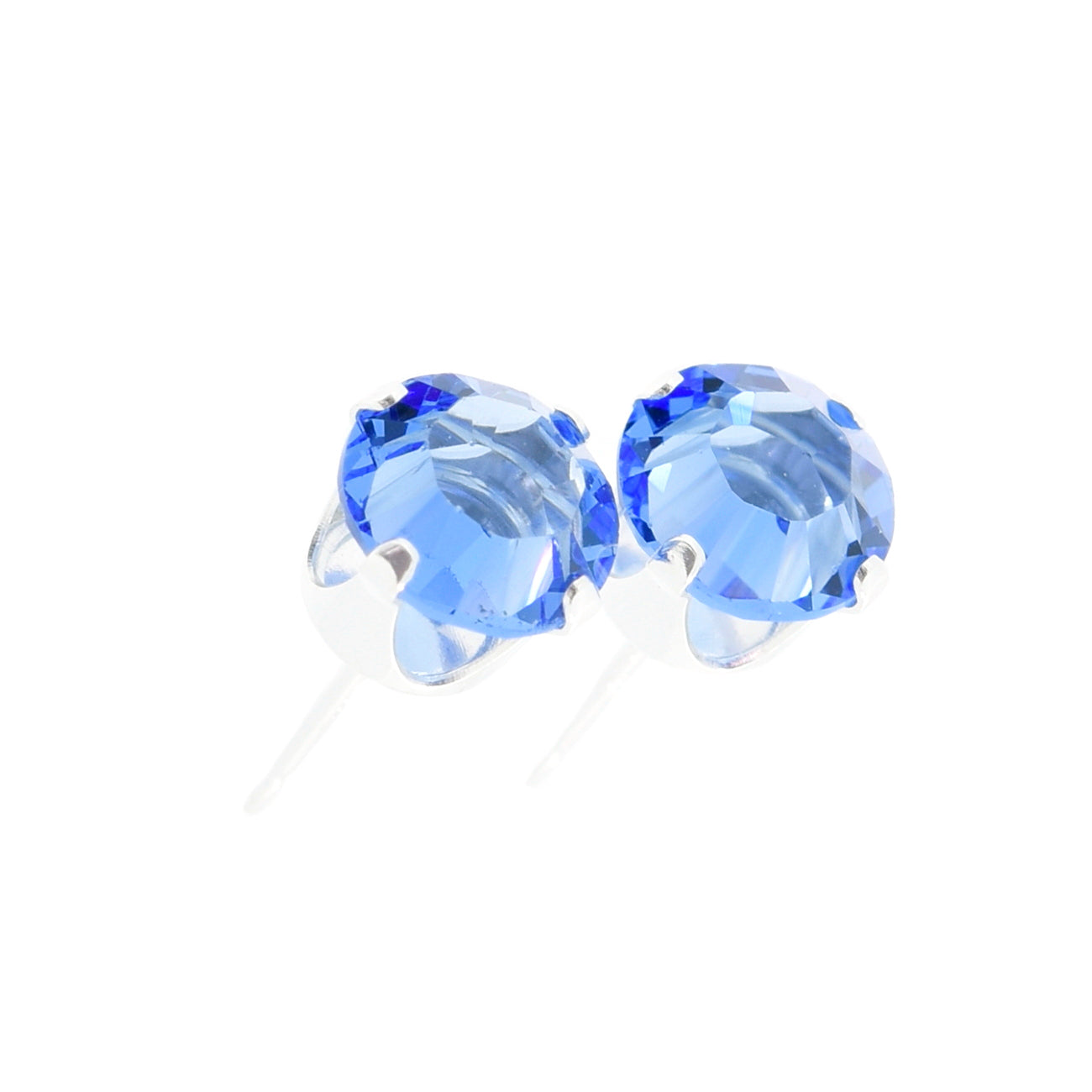 pewterhooter® Women's Classic Collection 925 Sterling silver earrings with sparkling Sapphire Blue channel crystals, packaged in a gift box for any occasion.