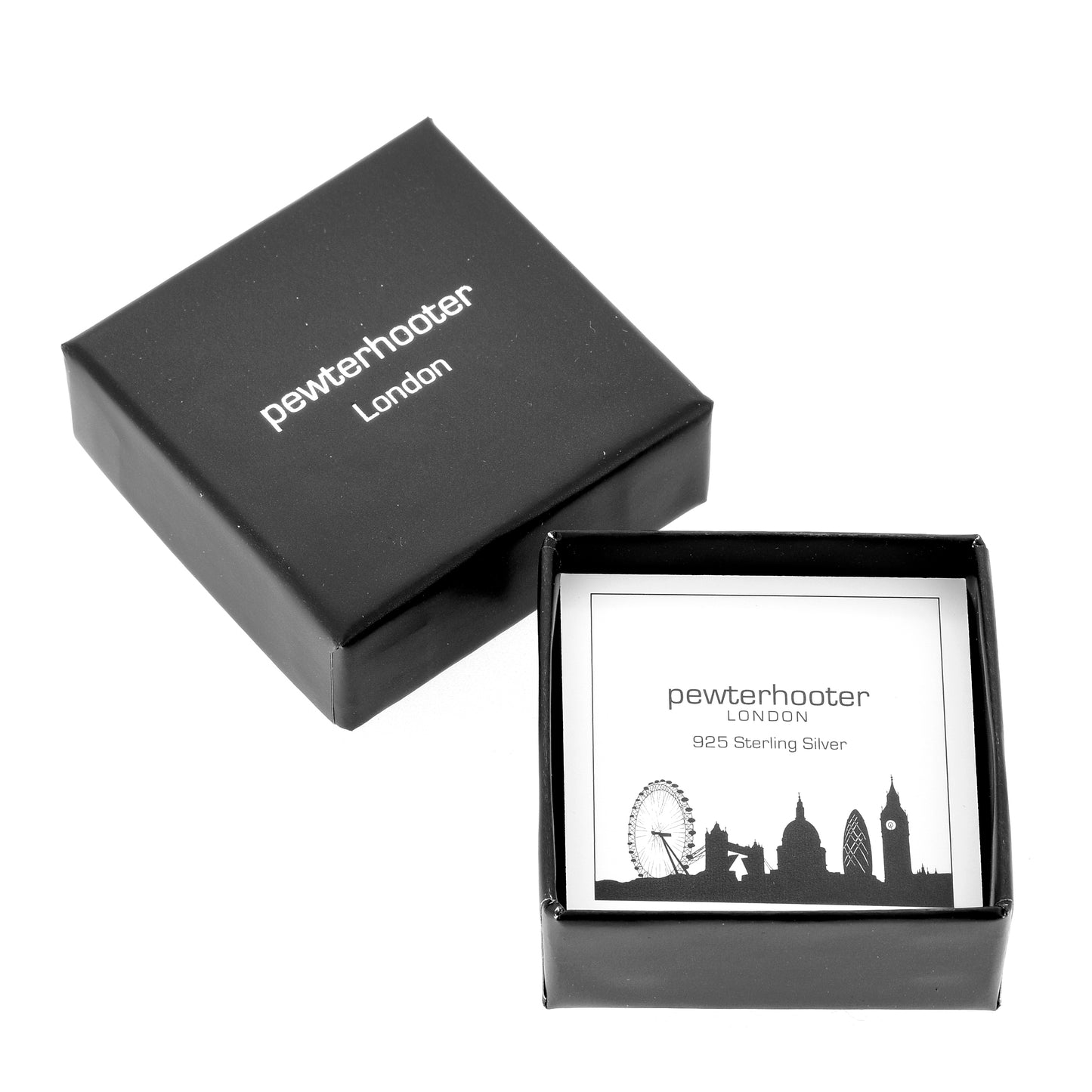 pewterhooter® Women's Classic Collection 925 Sterling silver earrings with brilliant Rainbow Dark crystals, packaged in a gift box for any occasion.