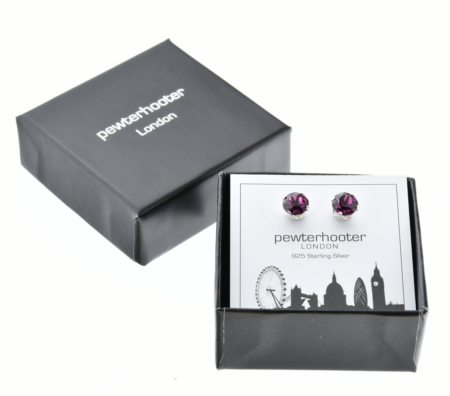 pewterhooter® Women's Classic Collection 925 Sterling silver earrings with sparkling Amethyst crystals, packaged in a gift box for any occasion.
