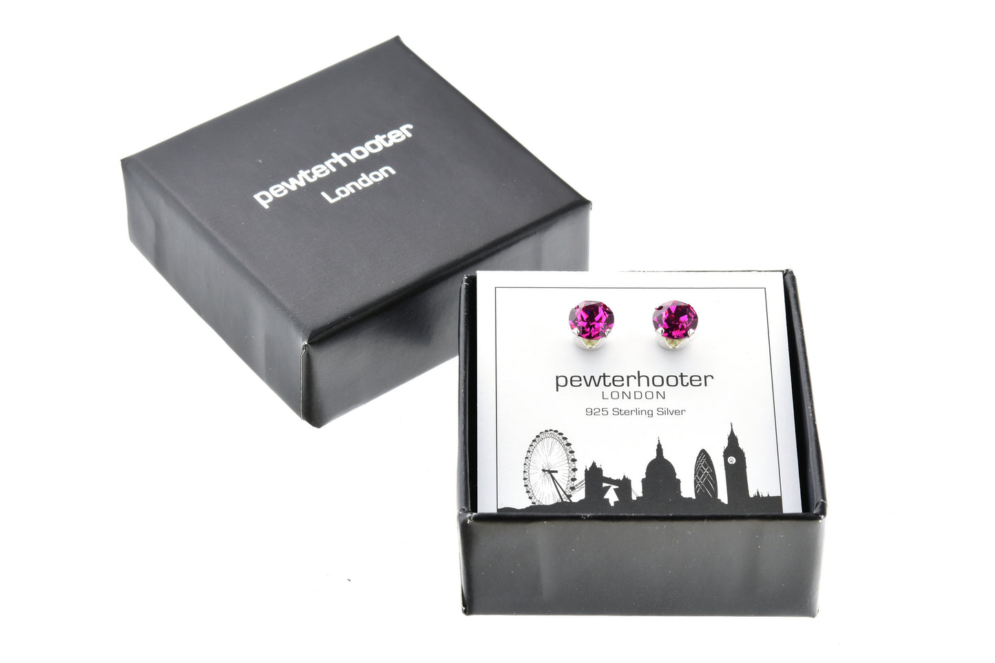 pewterhooter® Women's Classic Collection 925 Sterling silver earrings with sparkling Fuchsia crystals, packaged in a gift box for any occasion.