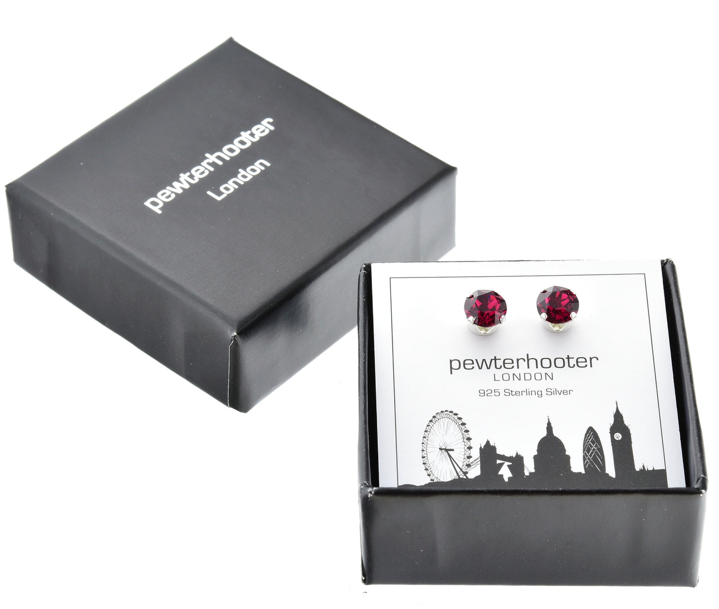 pewterhooter® Women's Classic Collection 925 Sterling silver earrings with sparkling Ruby Red crystals, packaged in a gift box for any occasion.