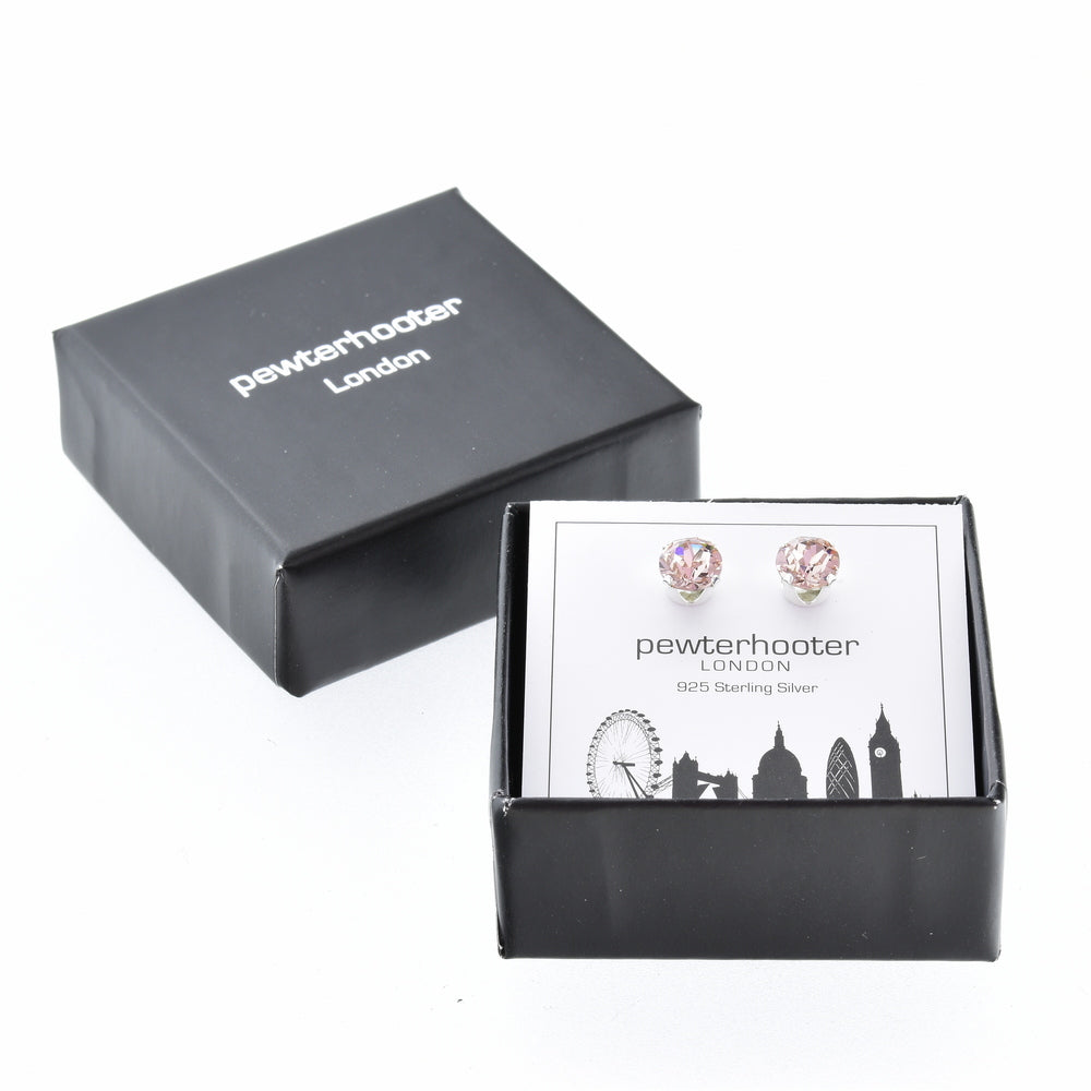 pewterhooter® Women's Classic Collection 925 Sterling silver earrings with sparkling Vintage Rose crystals, packaged in a gift box for any occasion.
