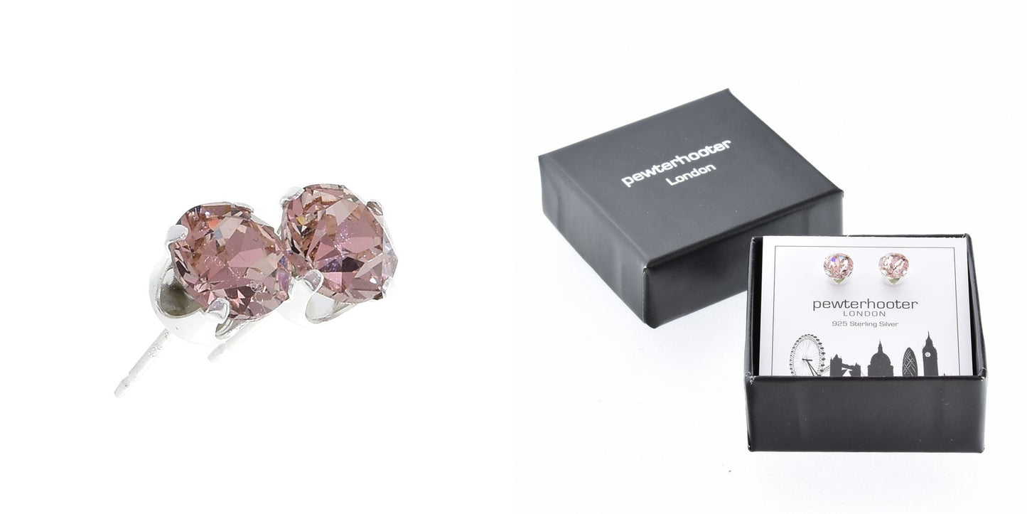 pewterhooter® Women's Classic Collection 925 Sterling silver earrings with sparkling Vintage Rose crystals, packaged in a gift box for any occasion.