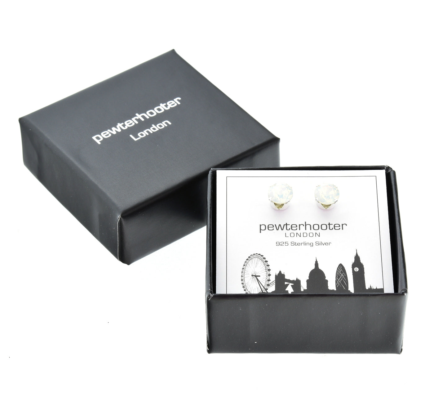 pewterhooter® Women's Classic Collection 925 Sterling silver earrings with sparkling White Opal crystals, packaged in a gift box for any occasion.