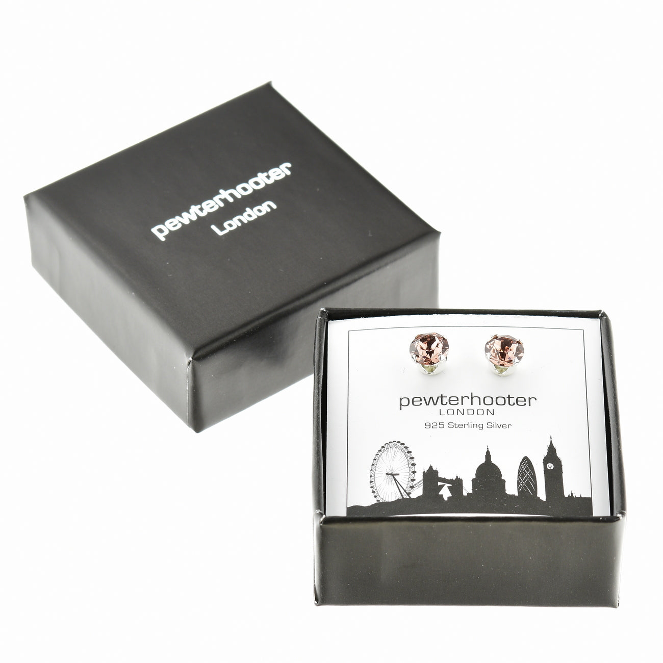 pewterhooter® Women's Classic Collection 925 Sterling silver earrings with sparkling Blush Rose crystals, packaged in a gift box for any occasion.
