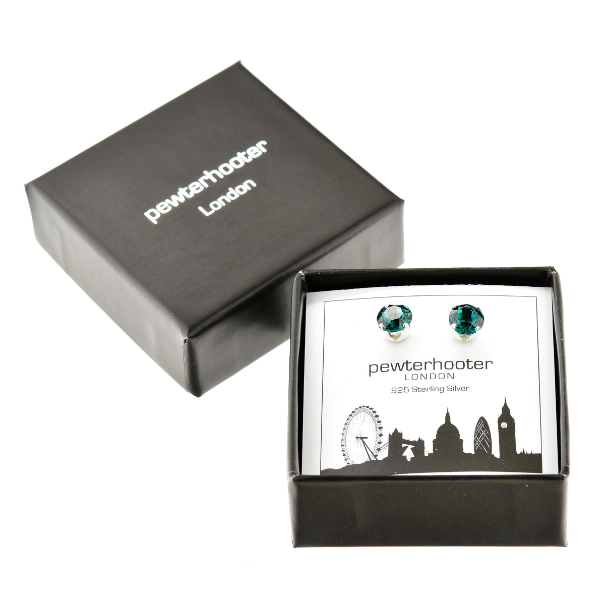 pewterhooter® Women's Classic Collection 925 Sterling silver earrings with sparkling Emerald Green crystals, packaged in a gift box for any occasion.