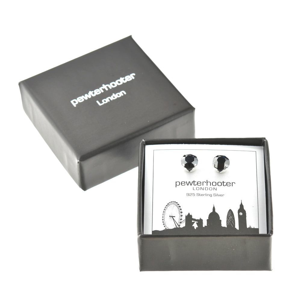 pewterhooter® Women's Classic Collection 925 Sterling silver earrings with sparkling Hematite crystals, packaged in a gift box for any occasion.