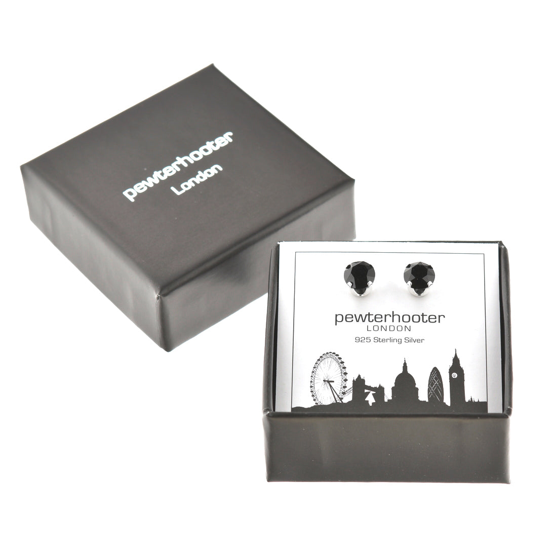 pewterhooter® Women's Classic Collection 925 Sterling silver earrings with sparkling Black crystals, packaged in a gift box for any occasion.