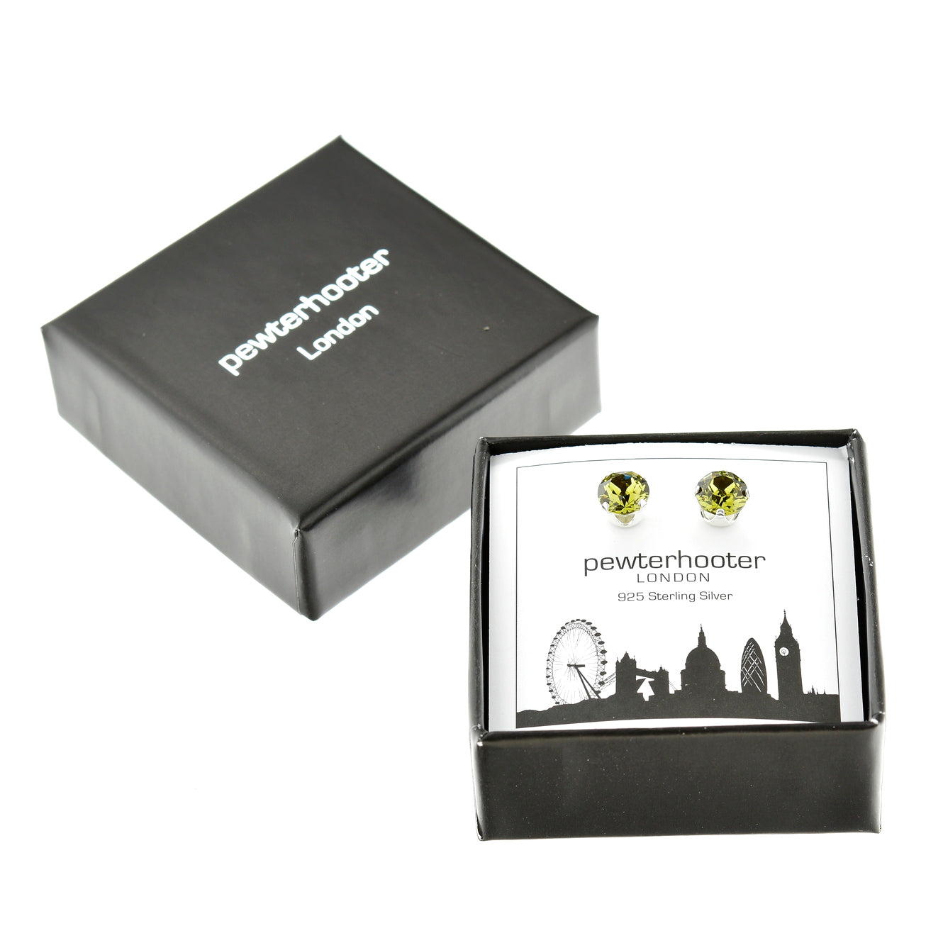 pewterhooter® Women's Classic Collection 925 Sterling silver earrings with sparkling Khaki Green crystals, packaged in a gift box for any occasion.