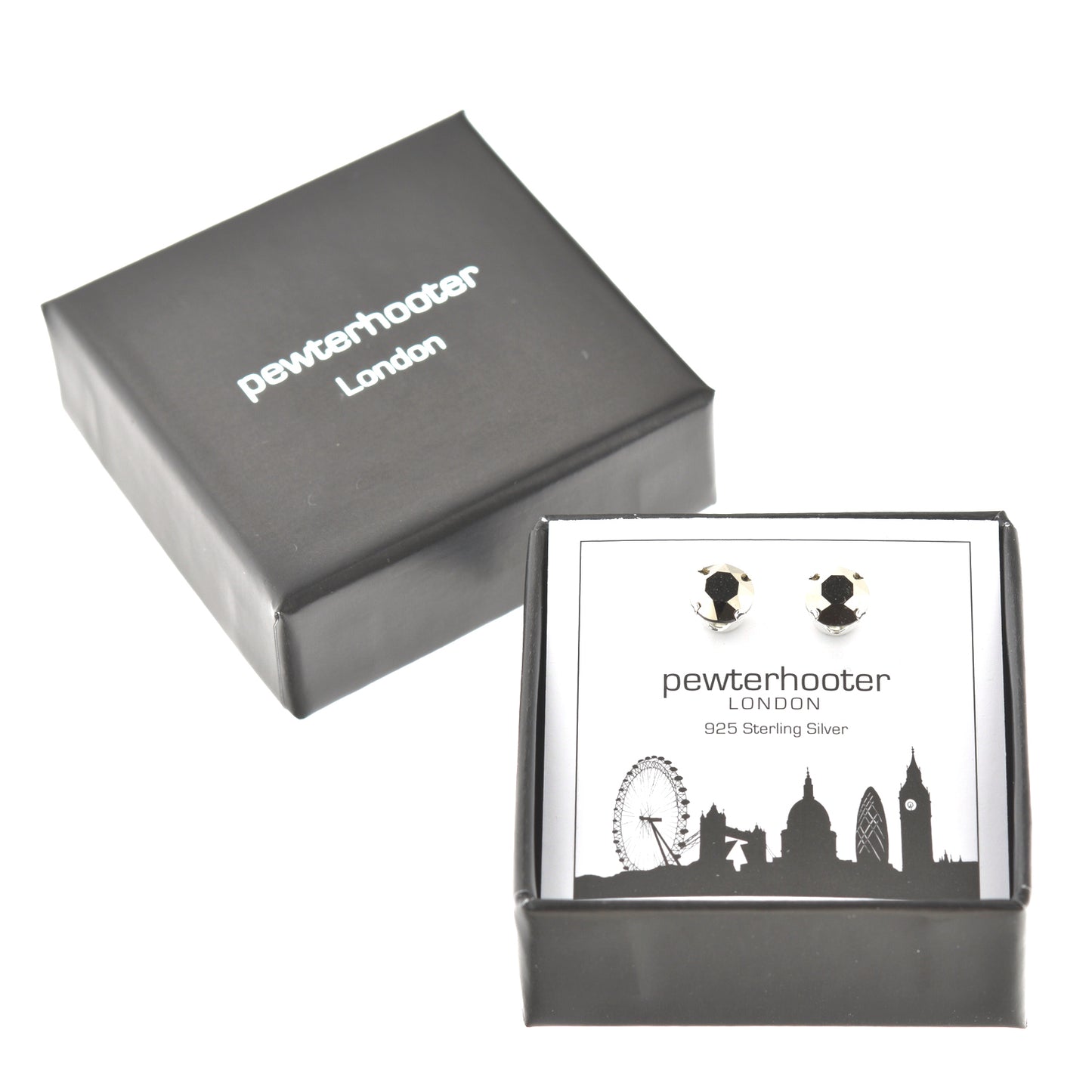 pewterhooter® Women's Classic Collection 925 Sterling silver earrings with sparkling Light Metallic Gold crystals, packaged in a gift box for any occasion.