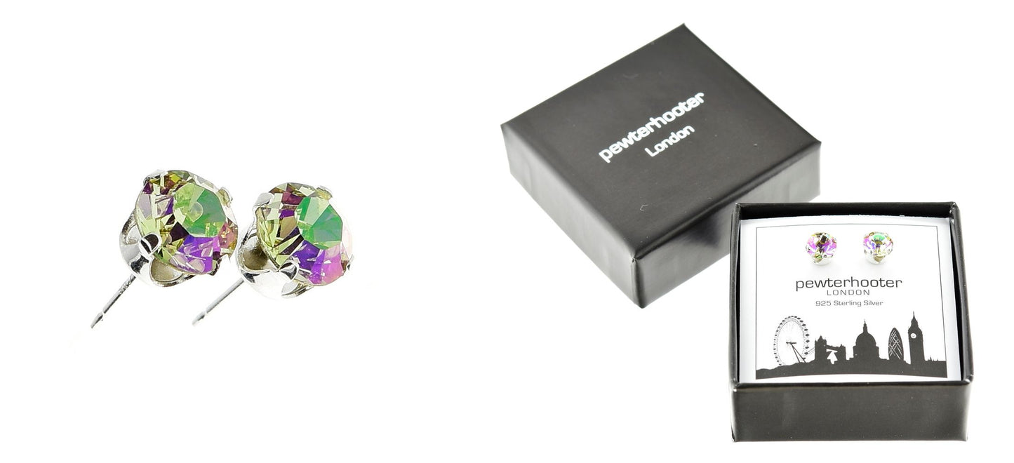 pewterhooter® Women's Classic Collection 925 Sterling silver earrings with sparkling Luminous Green crystals, packaged in a gift box for any occasion.