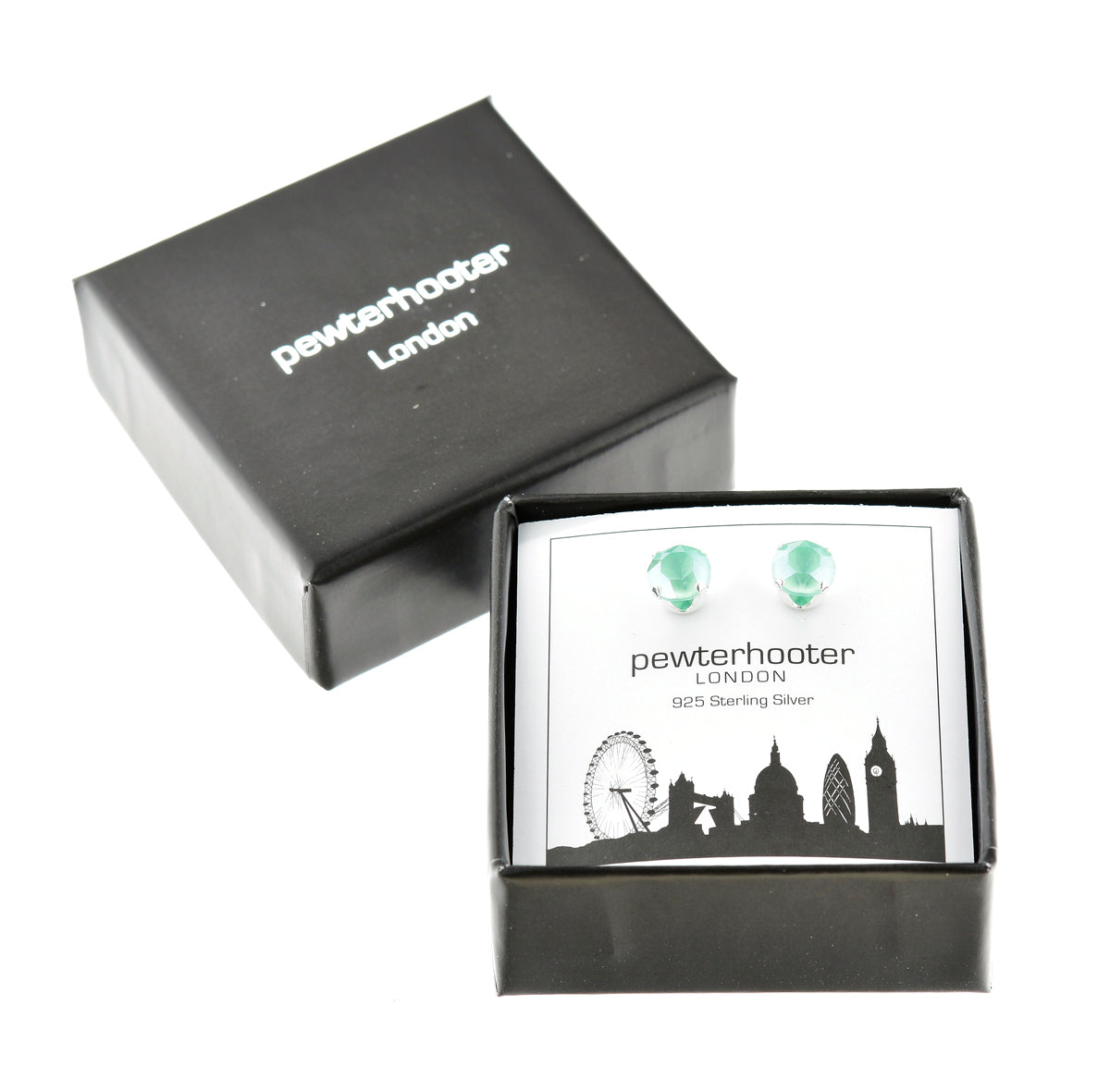pewterhooter® Women's Classic Collection 925 Sterling silver earrings with sparkling Mint Green crystals, packaged in a gift box for any occasion.
