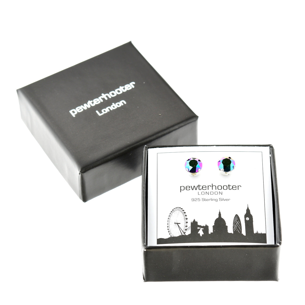 pewterhooter® Women's Classic Collection 925 Sterling silver earrings with sparkling Scarabaeus Green crystals, packaged in a gift box for any occasion.