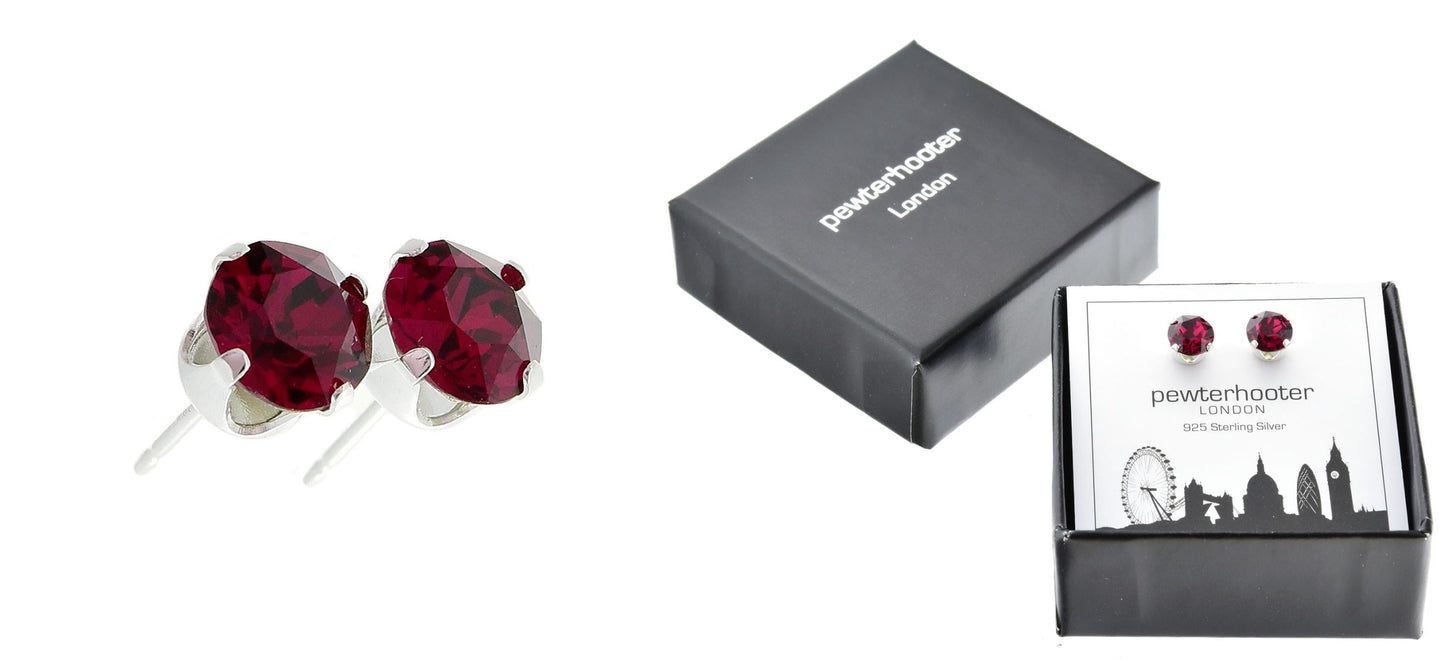pewterhooter® Women's Classic Collection 925 Sterling silver earrings with sparkling Ruby Red crystals, packaged in a gift box for any occasion.