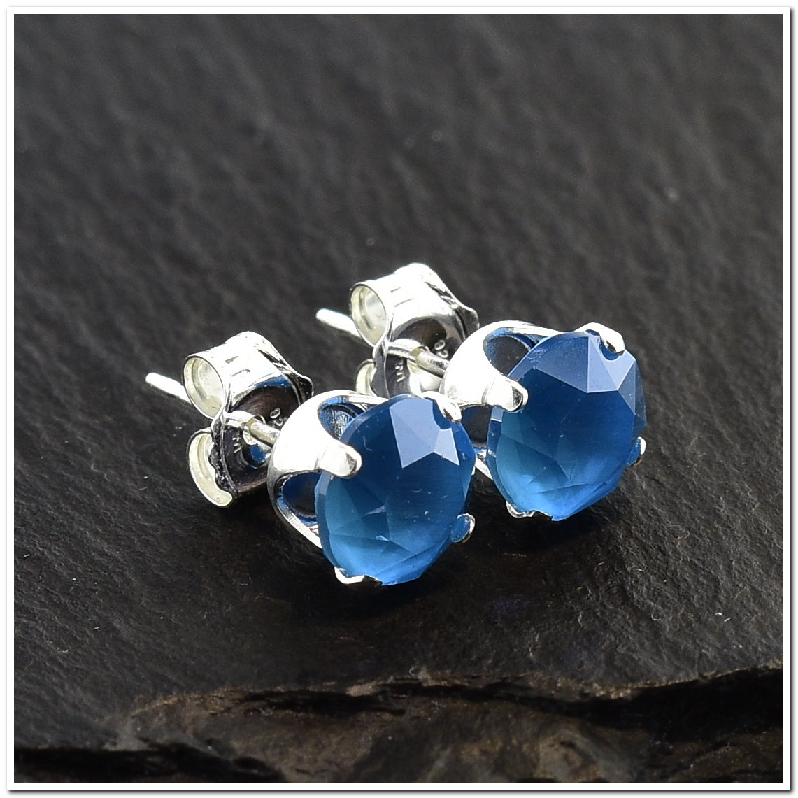 pewterhooter® Women's Classic Collection 925 Sterling silver earrings with sparkling Azure Blue crystals, packaged in a gift box for any occasion.