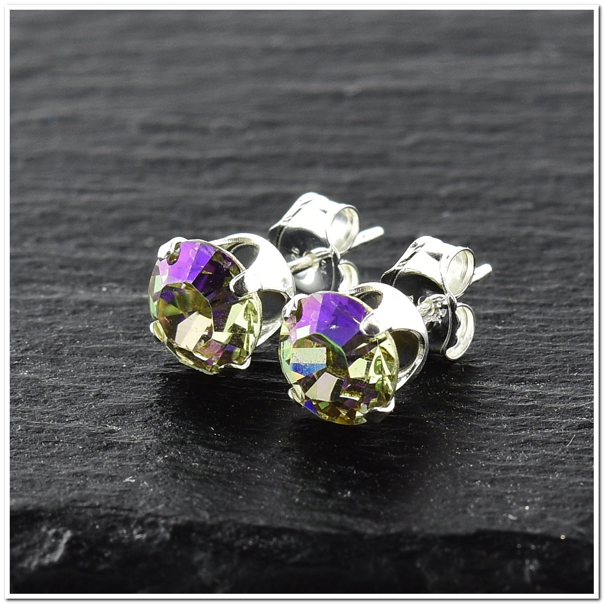 pewterhooter® Women's Classic Collection 925 Sterling silver earrings with sparkling Luminous Green crystals, packaged in a gift box for any occasion.