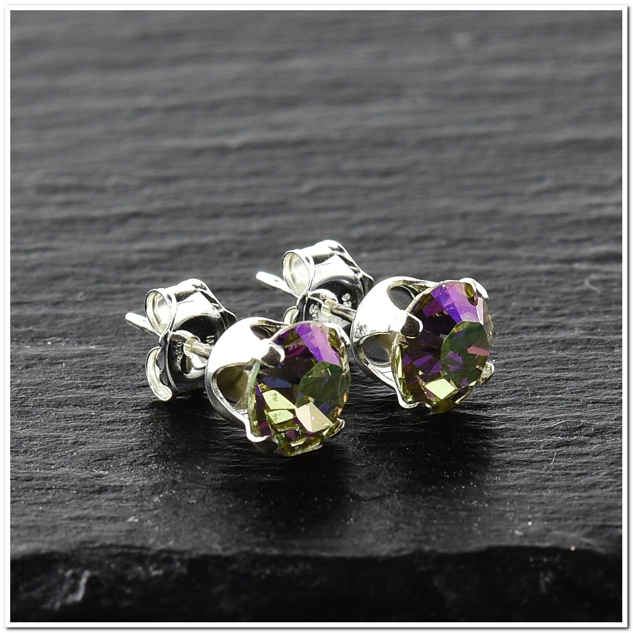 pewterhooter® Women's Classic Collection 925 Sterling silver earrings with sparkling Luminous Green crystals, packaged in a gift box for any occasion.