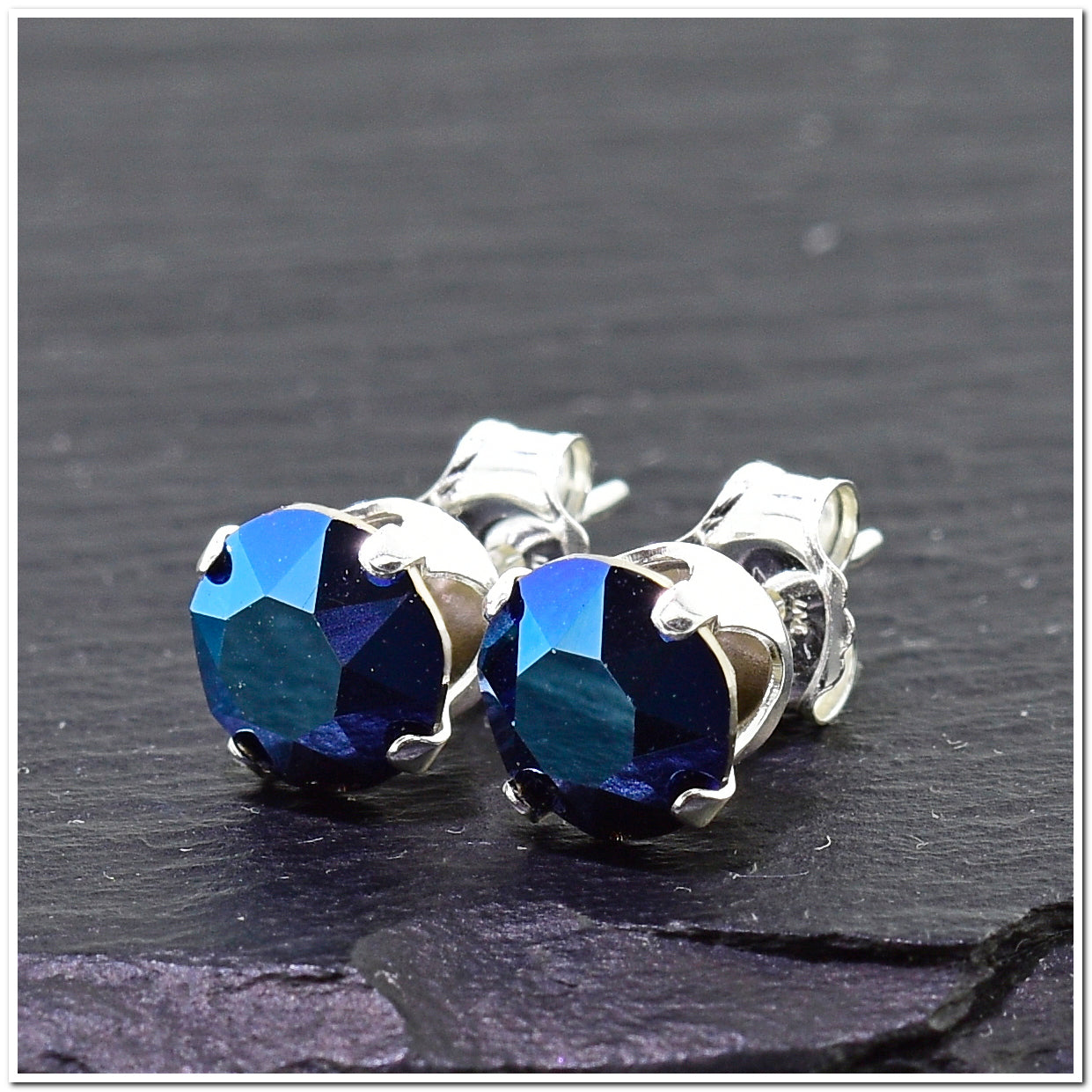 pewterhooter® Women's Classic Collection 925 Sterling silver earrings with sparkling Metallic Blue crystals, packaged in a gift box for any occasion.