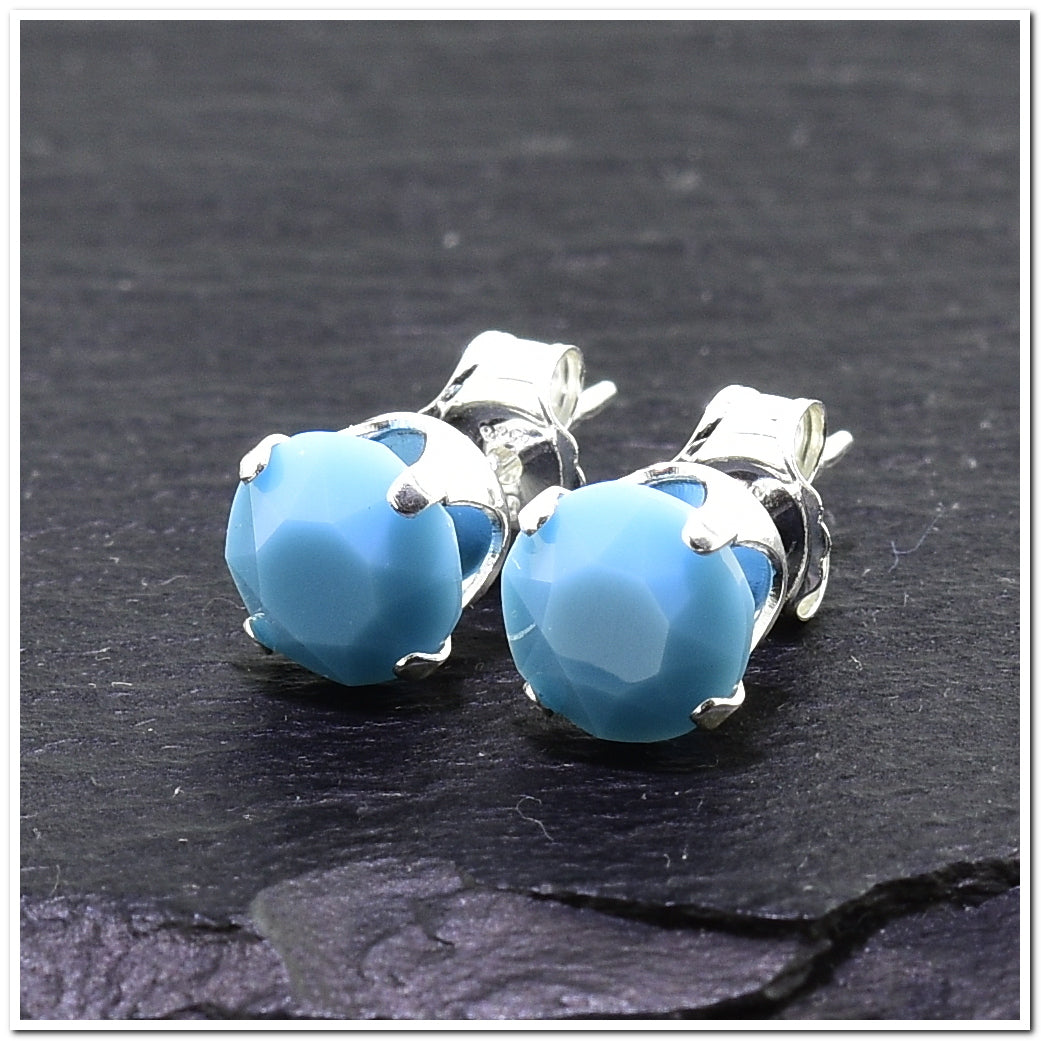 pewterhooter® Women's Classic Collection 925 Sterling silver earrings with sparkling Turquoise crystals, packaged in a gift box for any occasion.