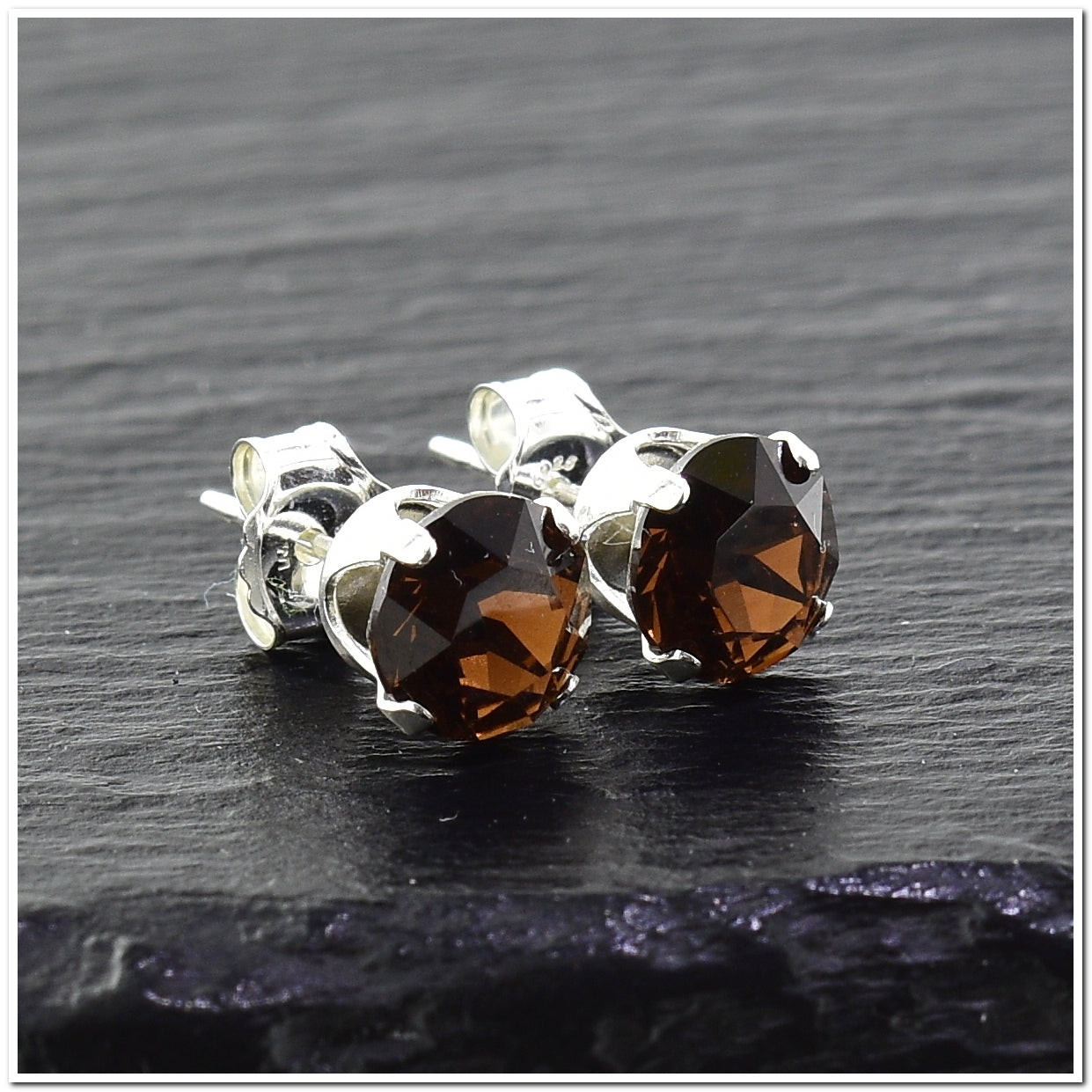 pewterhooter® Women's Classic Collection 925 Sterling silver earrings with sparkling Smoked Topaz crystals, packaged in a gift box for any occasion.