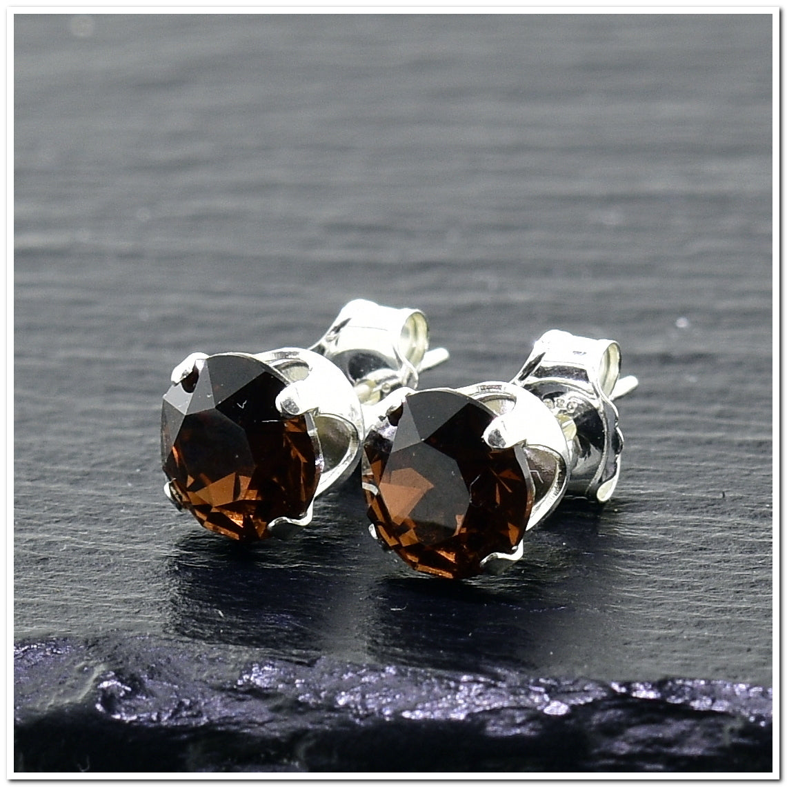 pewterhooter® Women's Classic Collection 925 Sterling silver earrings with sparkling Smoked Topaz crystals, packaged in a gift box for any occasion.