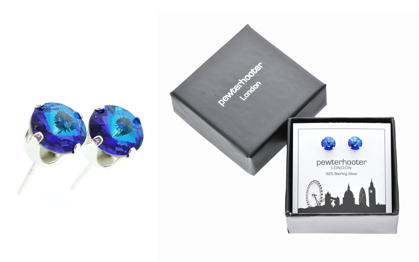 pewterhooter® Women's Classic Collection 925 Sterling silver earrings with brilliant Bermuda Blue crystals, packaged in a gift box for any occasion.