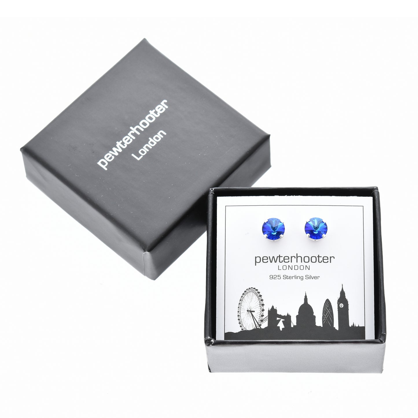 pewterhooter® Women's Classic Collection 925 Sterling silver earrings with brilliant Bermuda Blue crystals, packaged in a gift box for any occasion.