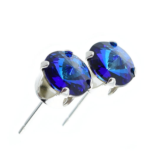pewterhooter® Women's Classic Collection 925 Sterling silver earrings with brilliant Bermuda Blue crystals, packaged in a gift box for any occasion.