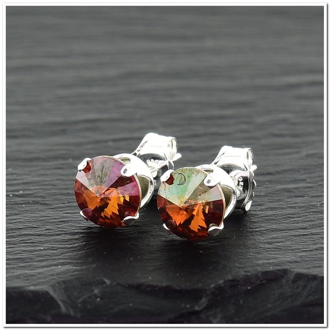 pewterhooter® Women's Classic Collection 925 Sterling silver earrings with sparkling Copper crystals, packaged in a gift box for any occasion.