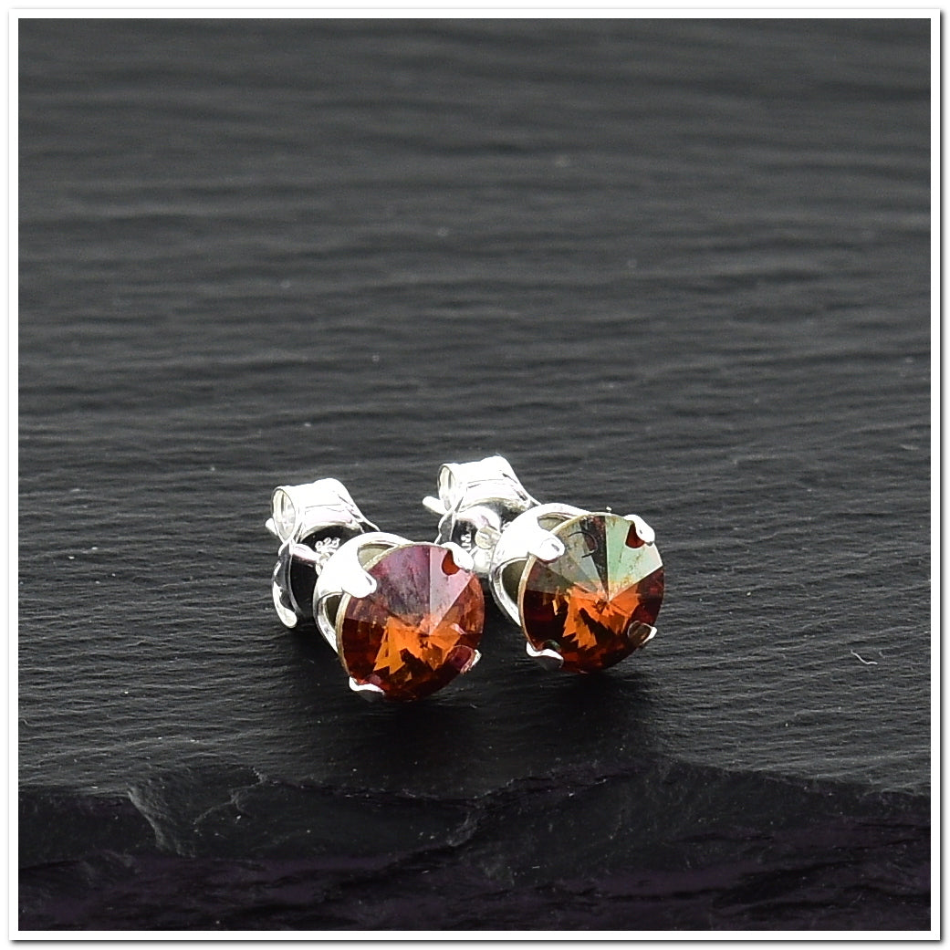 pewterhooter® Women's Classic Collection 925 Sterling silver earrings with sparkling Copper crystals, packaged in a gift box for any occasion.