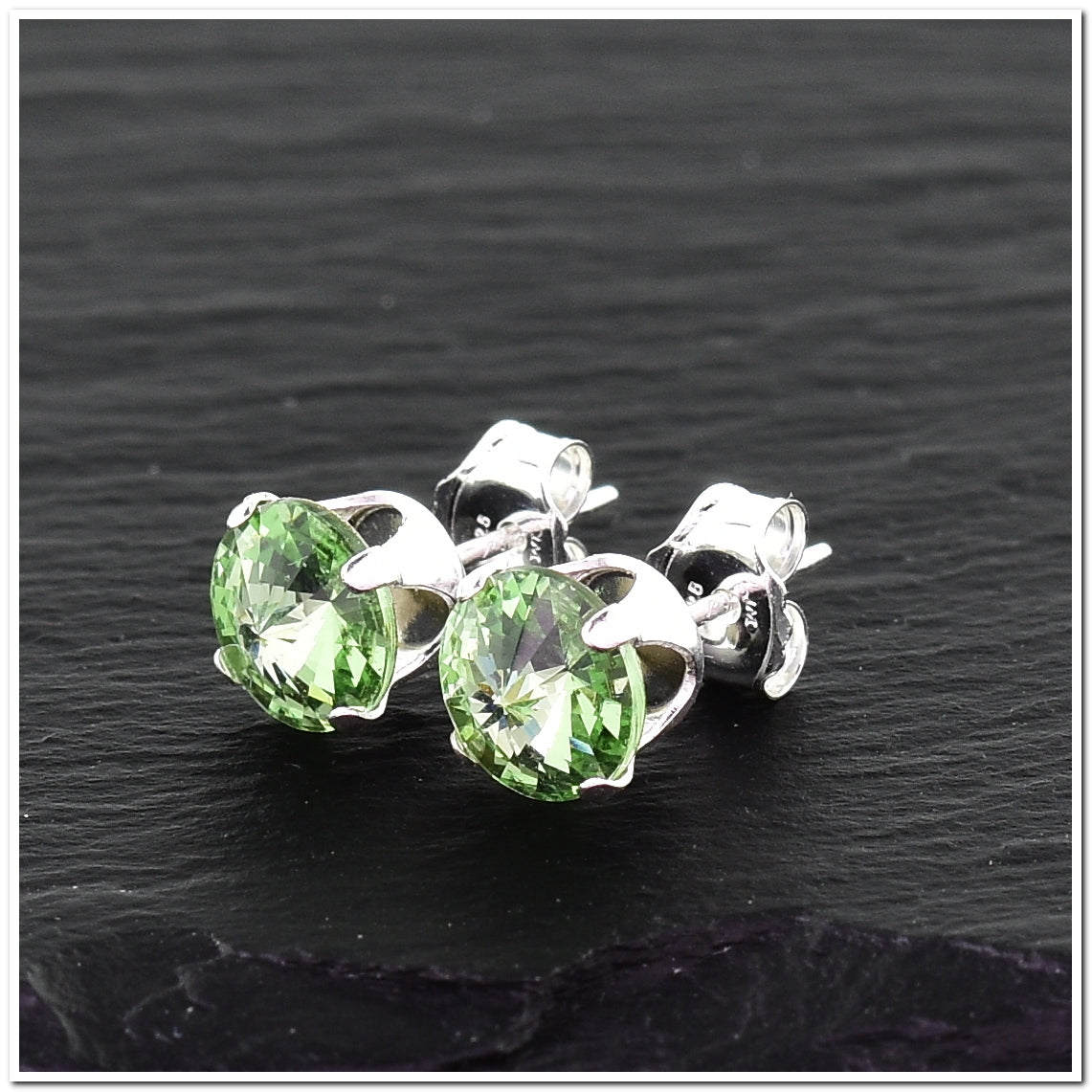 pewterhooter® Women's Classic Collection 925 Sterling silver earrings with brilliant Peridot Green crystals, packaged in a gift box for any occasion.