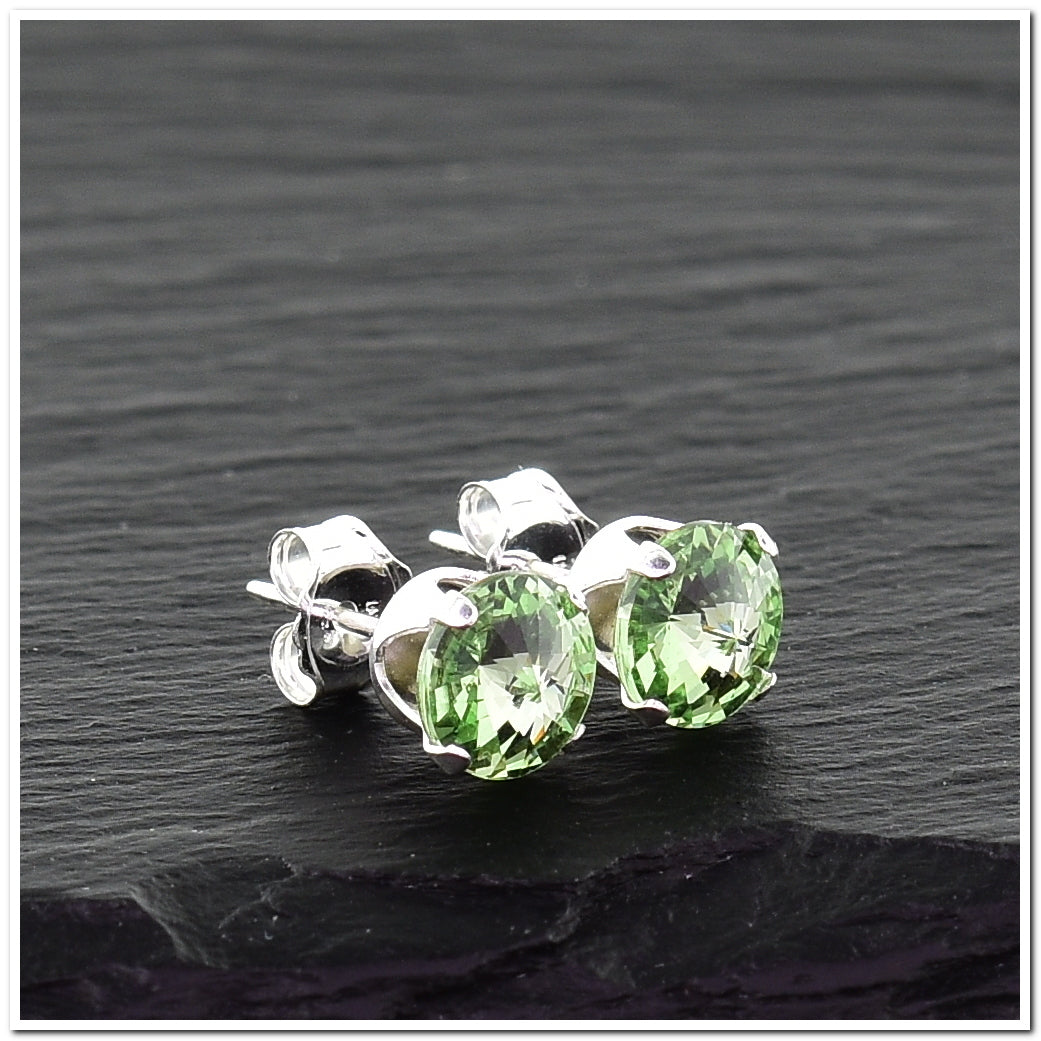pewterhooter® Women's Classic Collection 925 Sterling silver earrings with brilliant Peridot Green crystals, packaged in a gift box for any occasion.