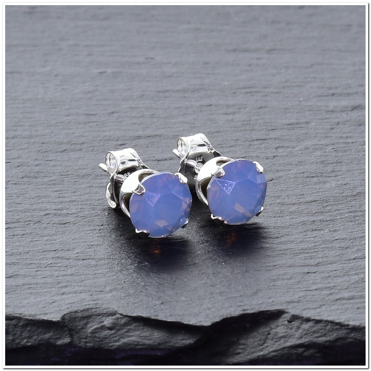pewterhooter® Women's Classic Collection 925 Sterling silver earrings with sparkling Air Blue Opal crystals, packaged in a gift box for any occasion.