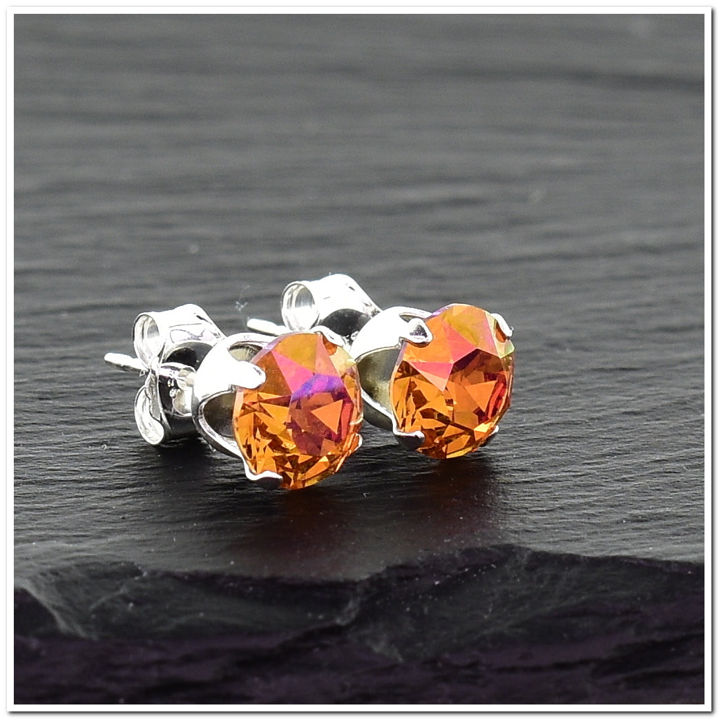 pewterhooter® Women's Classic Collection 925 Sterling silver earrings with sparkling Astral Orange crystals, packaged in a gift box for any occasion.