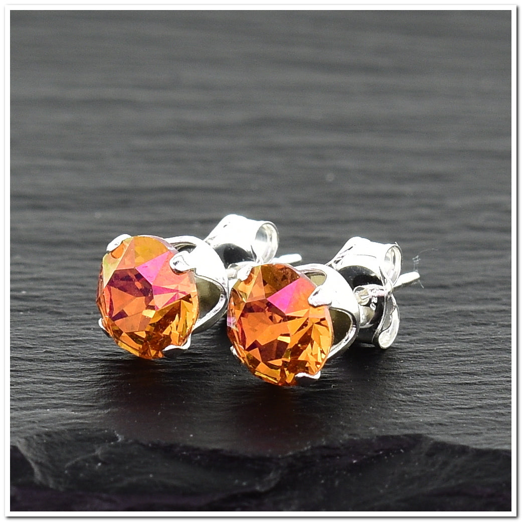 pewterhooter® Women's Classic Collection 925 Sterling silver earrings with sparkling Astral Orange crystals, packaged in a gift box for any occasion.
