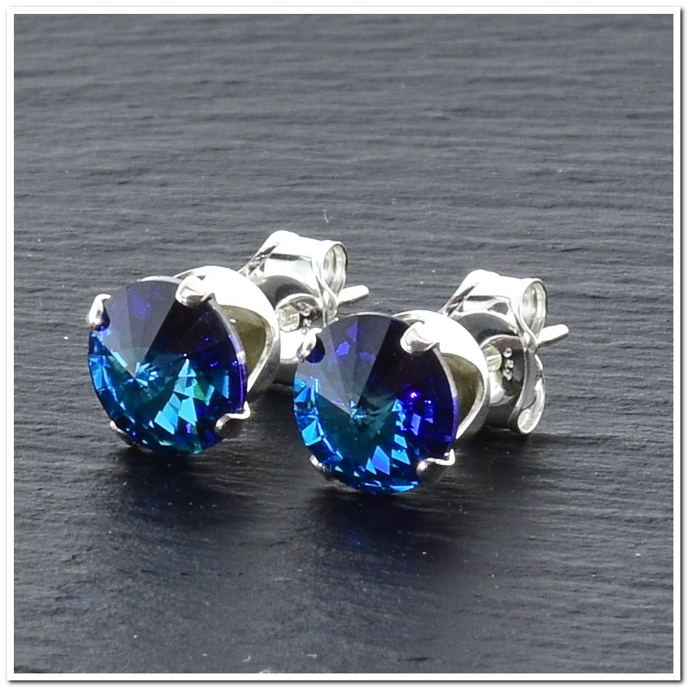 pewterhooter® Women's Classic Collection 925 Sterling silver earrings with brilliant Bermuda Blue crystals, packaged in a gift box for any occasion.