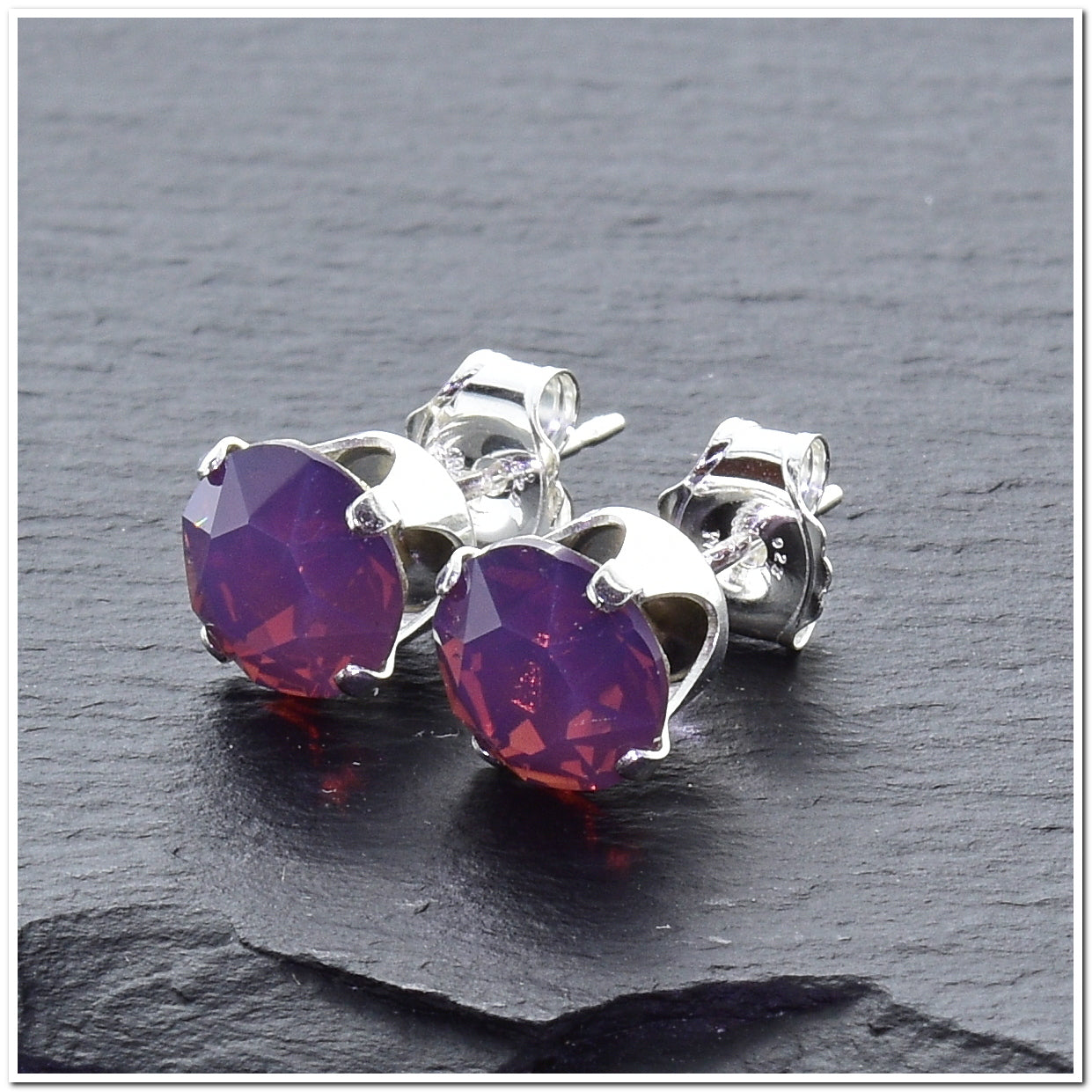 pewterhooter® Women's Classic Collection 925 Sterling silver earrings with sparkling Cyclamen Opal crystals, packaged in a gift box for any occasion.